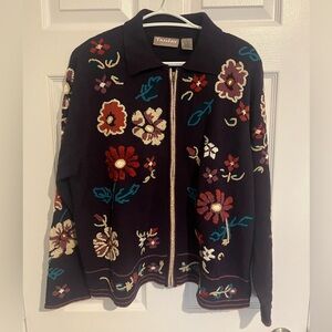 Vintage Purple Full Zip Sweater with Embroidered Flowers Large‎ Boho Colouful